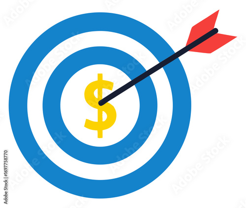 Aiming for financial success with an arrow hitting a dollar sign bullseye target representing business goals and achievements