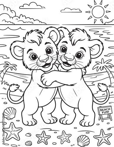 Two lion cubs embrace at the beach with a summer sun shining