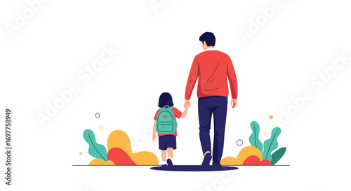 Father and daughter holding hands walking to school together with backpacks