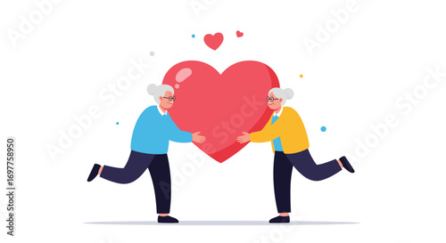 Elderly couple sharing a large red heart illustration representing love and companionship