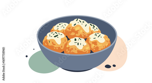 Delicious golden fried dumplings topped with creamy sauce and herbs a delightful appetizer