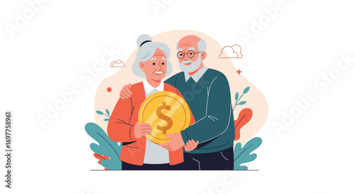 Senior couple holding large golden coin symbolizing financial security and wealth management for retirement years