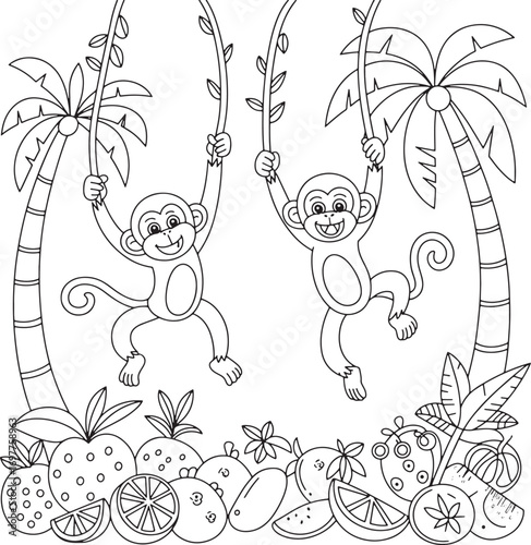 Two monkeys swing happily on vines between palm trees and various fruits