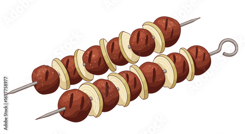 Delicious grilled meatball and onion skewers ready for grilling