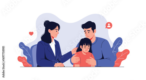 Family members supporting a sad child with love and care