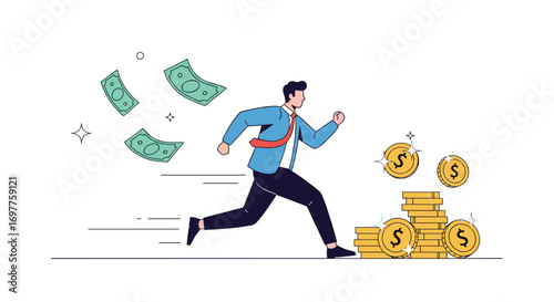 Man running fast to catch flying cash and gold coins