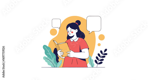 Young woman engaged in reading a book amidst lush greenery and abstract shapes