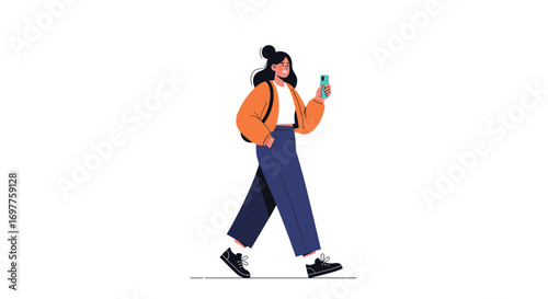 Young woman with backpack walks while looking at her smartphone outdoors