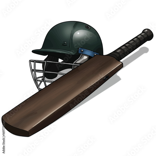 Realistic 2D vector illustration depicts a robust cricket helmet and a powerful bat, meticulously rendered and isolated on a clean white background, symbolizing essential sports gear.