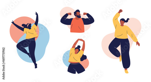 Diverse group of people engaged in various healthy physical activities and exercises for well-being