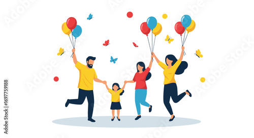 Joyful family celebration with balloons and butterflies flying high