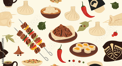 Traditional georgian cuisine dishes and spices illustrated food background