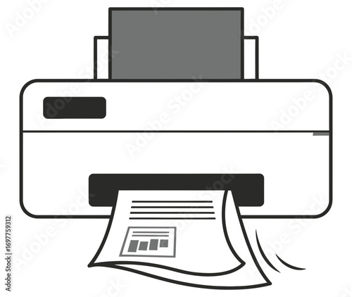 An illustration of a modern office printer machine producing paper documents with charts and graphs for business reports