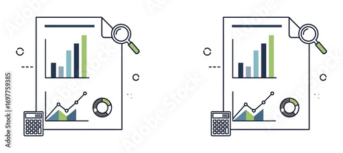 Financial analysis graphs on paper with a calculator and magnifying glass showing business insights and growth trends