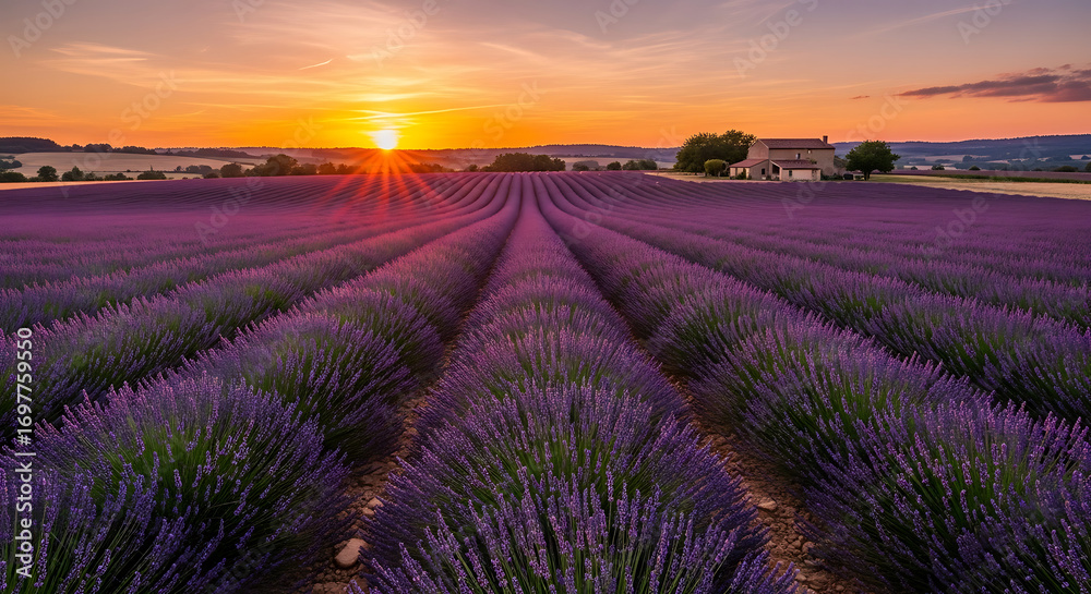 Obraz premium Vector illustration of vast lavender field in provence at sunset, with rows of purple flowers stretching towards the horizon