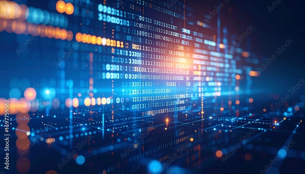 Obraz premium Glowing binary data stream in blue and orange on dark tech background