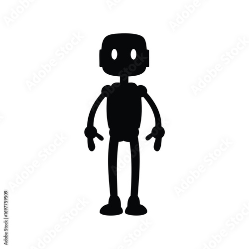 Simple black silhouette of a cartoon robot standing upright with bright white eyes