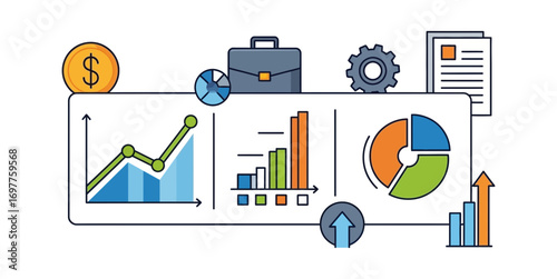 Analyzing business performance metrics with charts graphs pie charts and growth arrows for financial planning and success