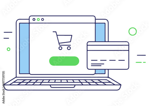 Online shopping cart icon on laptop screen with credit card for ecommerce transactions and digital payment convenience