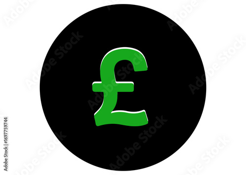 Green british pound currency symbol inside a black circle representing financial wealth savings investment and currency exchange rates