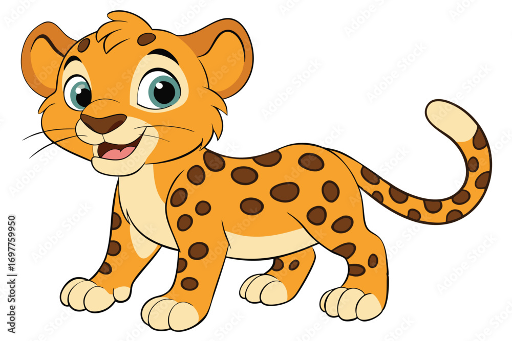 Obraz premium Cartoon Style Leopard Cub, Adorable Feline with Brown Spots on White Background