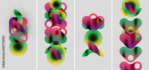 Abstract colorful shapes overlap, creating vibrant vertical compositions. Soft gradients blend hues, forming fluid designs. Minimalist background enhances visual impact.