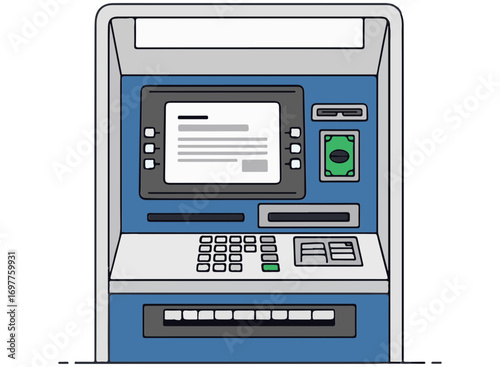 An automated teller machine or atm machine displaying transactional information ready for financial service transactions and cash withdrawal