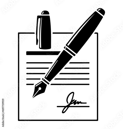 Elegant fountain pen signing a document with a signature indicating agreement or contract for official business