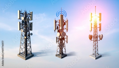 Telecom towers emitting wireless signals under blue sky