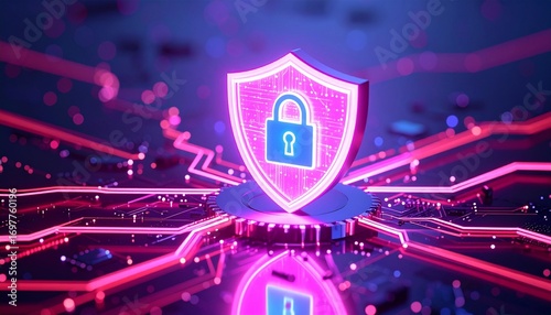 Glowing pink shield with padlock on digital circuit background