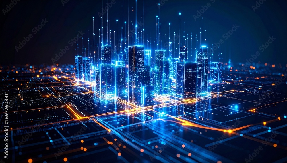 Obraz premium Futuristic smart city glowing with neon blue and orange lights