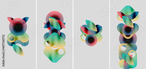Abstract colorful shapes overlap, creating vibrant compositions. Four panels display fluid forms, gradients, soft edges. Modern design.