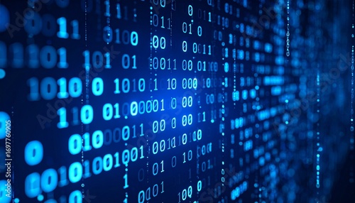 Vertical binary code glowing on dark digital background