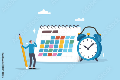 Calendar month schedule, meeting reminder, appointment or time organizer, planner agenda, vacation planning or timetable concept, businessman with pencil organize office calendar schedule plan.