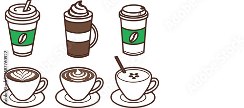 Collection of Coffee Drinks and Cups with Latte Art