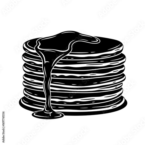 Stack of pancakes with syrup drizzle black and white illustration