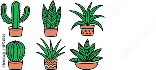 Collection of Potted Succulent and Cactus Illustrations