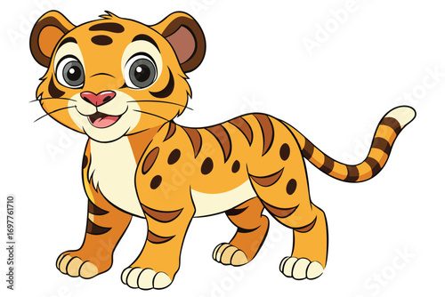 Cartoon Tiger Cub Adorable Orange Feline with Stripes on White Background