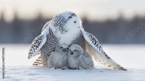 Snowy owl mother protects her chick, wings spread wide, against a snowy backdrop