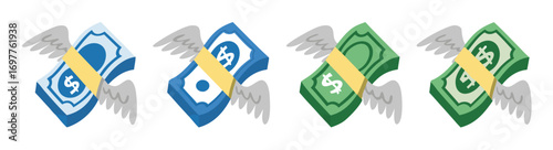 Dollar and Euro with wings. Flying money emoji. Dollar and Euro stack. Flying money with wings vector emoji. Vector icon set. 
