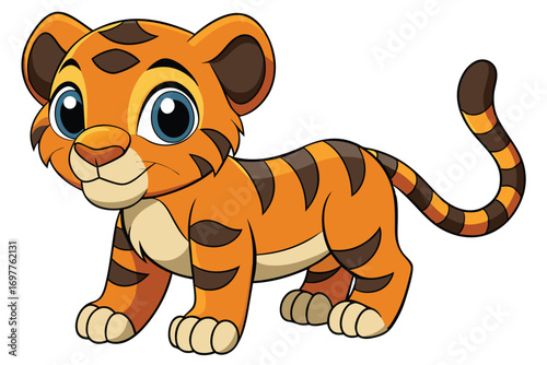 Cartoon Tiger Cub Standing Isolated on White Background Cute