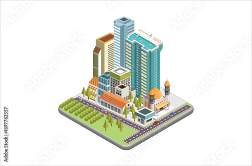 Modern Isometric vector city with skyscrapers, people, streets and vehicles, commercial and business area infographic with icons, Suitable for Diagrams, Infographics,  And Other Graphic Related Assets