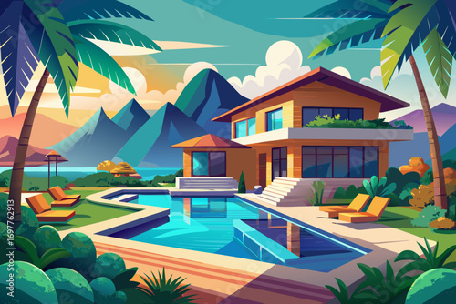 vector of If the villa is in an area with beautiful views such as mountains, sea or green nature, an infinity pool or lagoon style can give a good combination with the view.