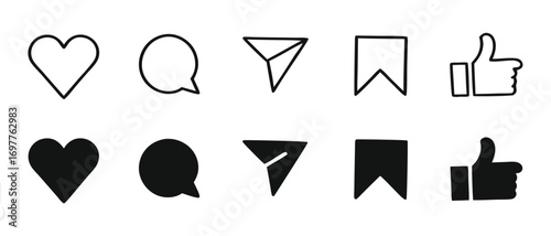 Set of generic social media user interface icons. Like, comment, share and save icons. Social media flat icons. Vector, flat outline icon isolated on white