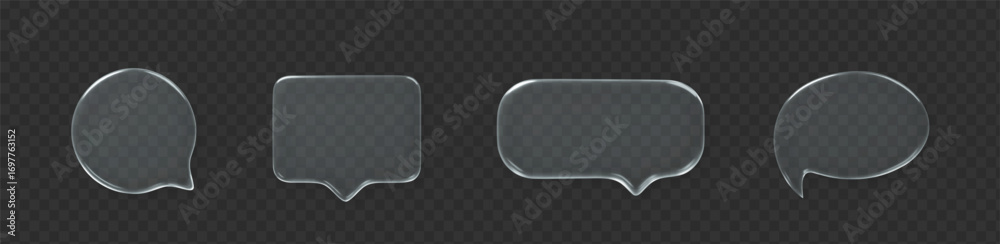 Naklejka premium Glass speech bubble 3d icon set on dark transparent background. Message cloud vector object