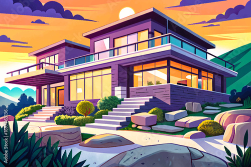 modern house situated on a hill at sunset, featuring elegant stone steps and sleek glass balconies, perfect for architectural design projects, creative artwork, contemporary living concept