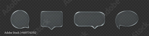 Glass speech bubble 3d icon set on dark transparent background. Message cloud vector object