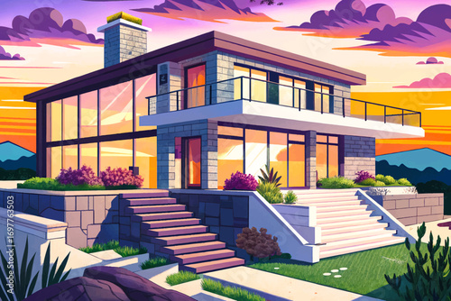 modern house situated on a hill at sunset, featuring elegant stone steps and sleek glass balconies, perfect for architectural design projects, creative artwork, contemporary living concept
