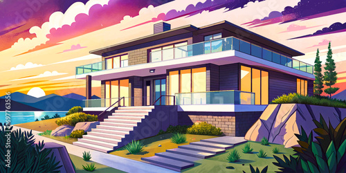 modern house situated on a hill at sunset, featuring elegant stone steps and sleek glass balconies, perfect for architectural design projects, creative artwork, contemporary living concept