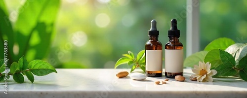 Elegant homeopathic remedies displayed on a marble surface, surrounded by lush greenery and soft lighting, conveying a sense of calm and high-end wellness , vial, dropper